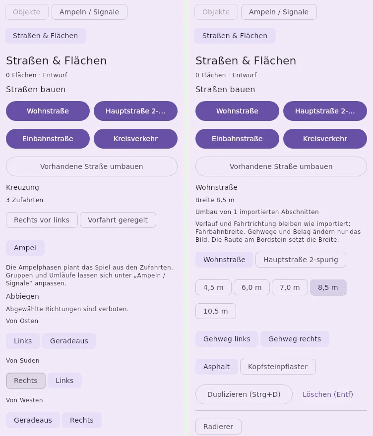 Links: Straßenvorlagen und das neue Kreuzungspanel.