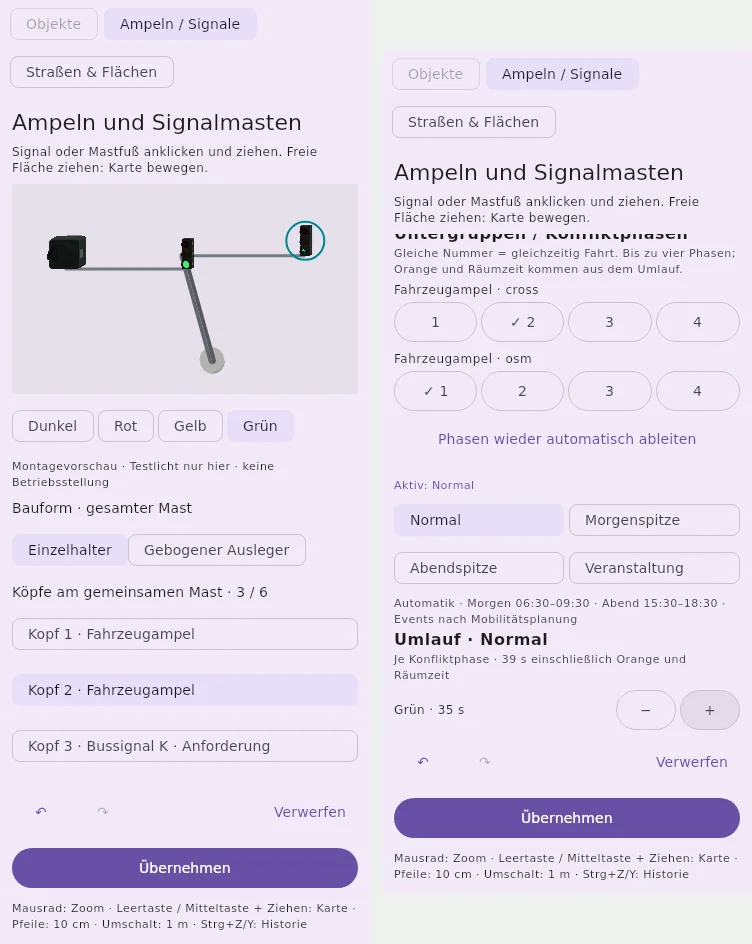 Links: ein Mast mit drei Köpfen.