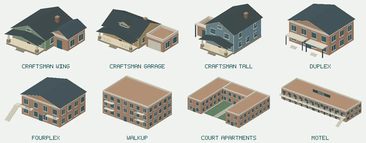 Modellübersicht neuer Wohnhäuser: Craftsman-Varianten, Duplex, Fourplex und größere Wohnbauten.