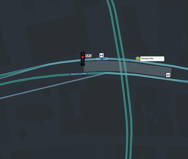 Technikansicht mit einem roten Hauptsignal und Haltepunkten an der Kampstraße.