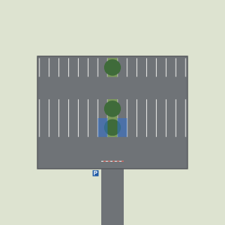 Schematischer Parkplatz aus einem Renderer-Test mit Stellplatzreihen, Baumscheiben, blau markiertem Stellplatz und Zufahrtsschranke.