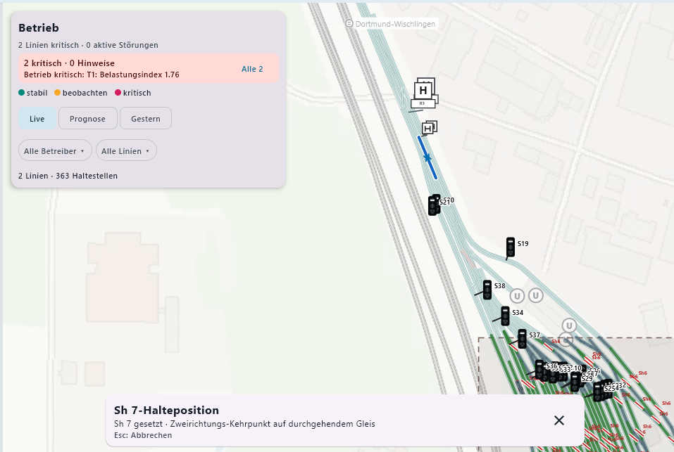 LineManager zeigt die Platzierung einer Sh-7-Halteposition im Dortmunder Gleisfeld.