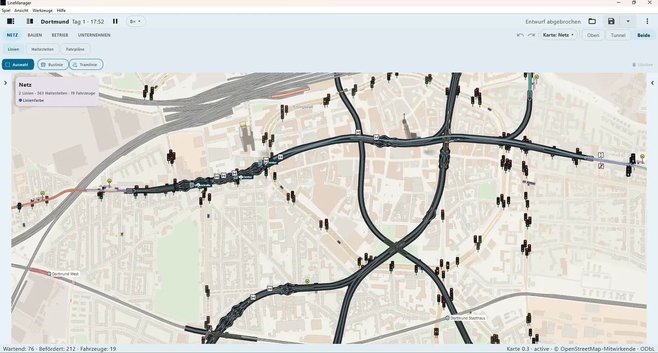 Spielaufnahme des Dortmunder Straßenbahnnetzes mit Haltestellen, Gleisen und Signalen.