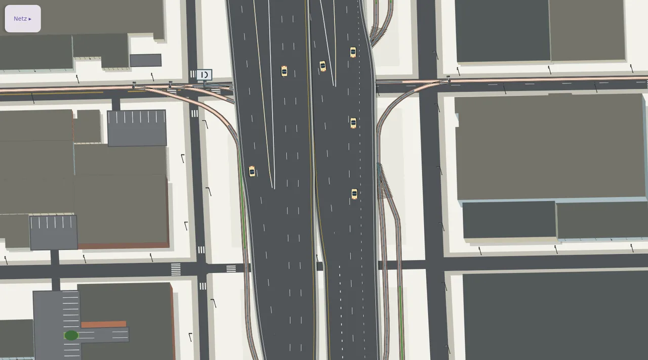 Streetcar-Betriebshof unter der Hochstraße I-405 mit fließendem Autobahnverkehr.